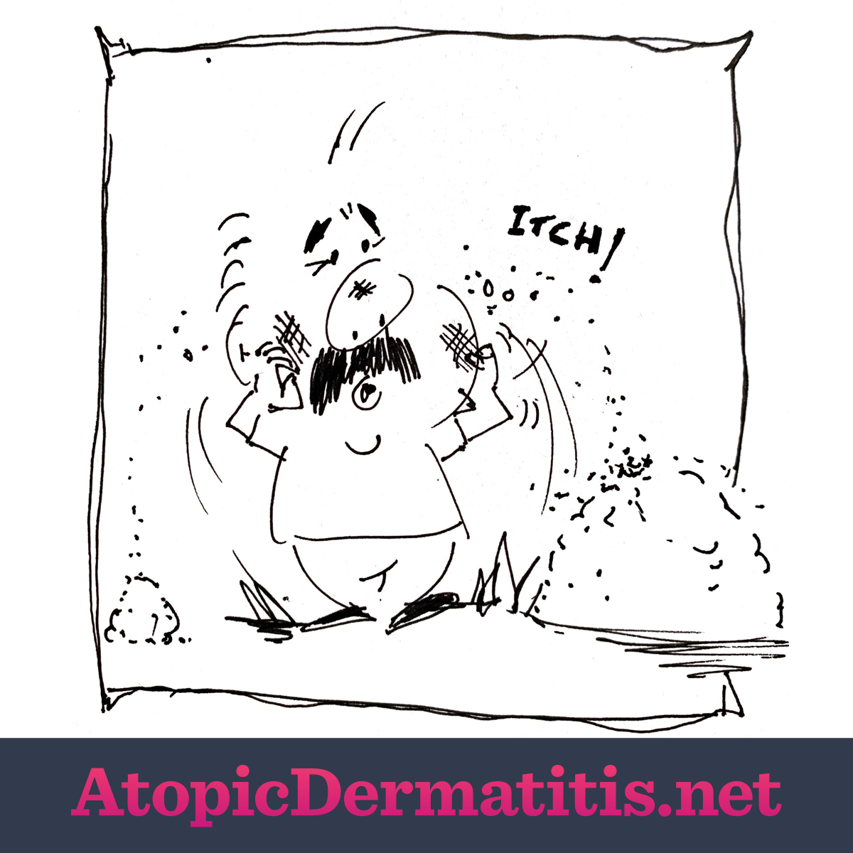 Second panel of the comic. A man continues scratching himself as skin flakes pile up on the ground. Text in the air reads