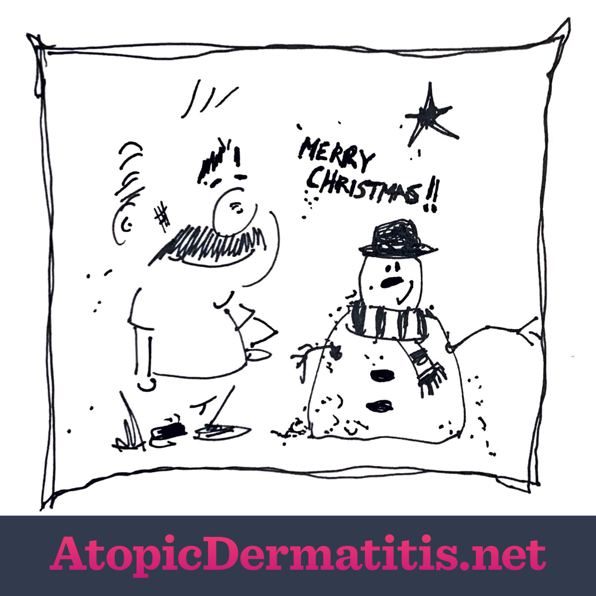 Final panel of the comic. The man has decorated the skin flake snowman with text reading