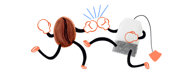 a coffee bean boxing a tea bag 